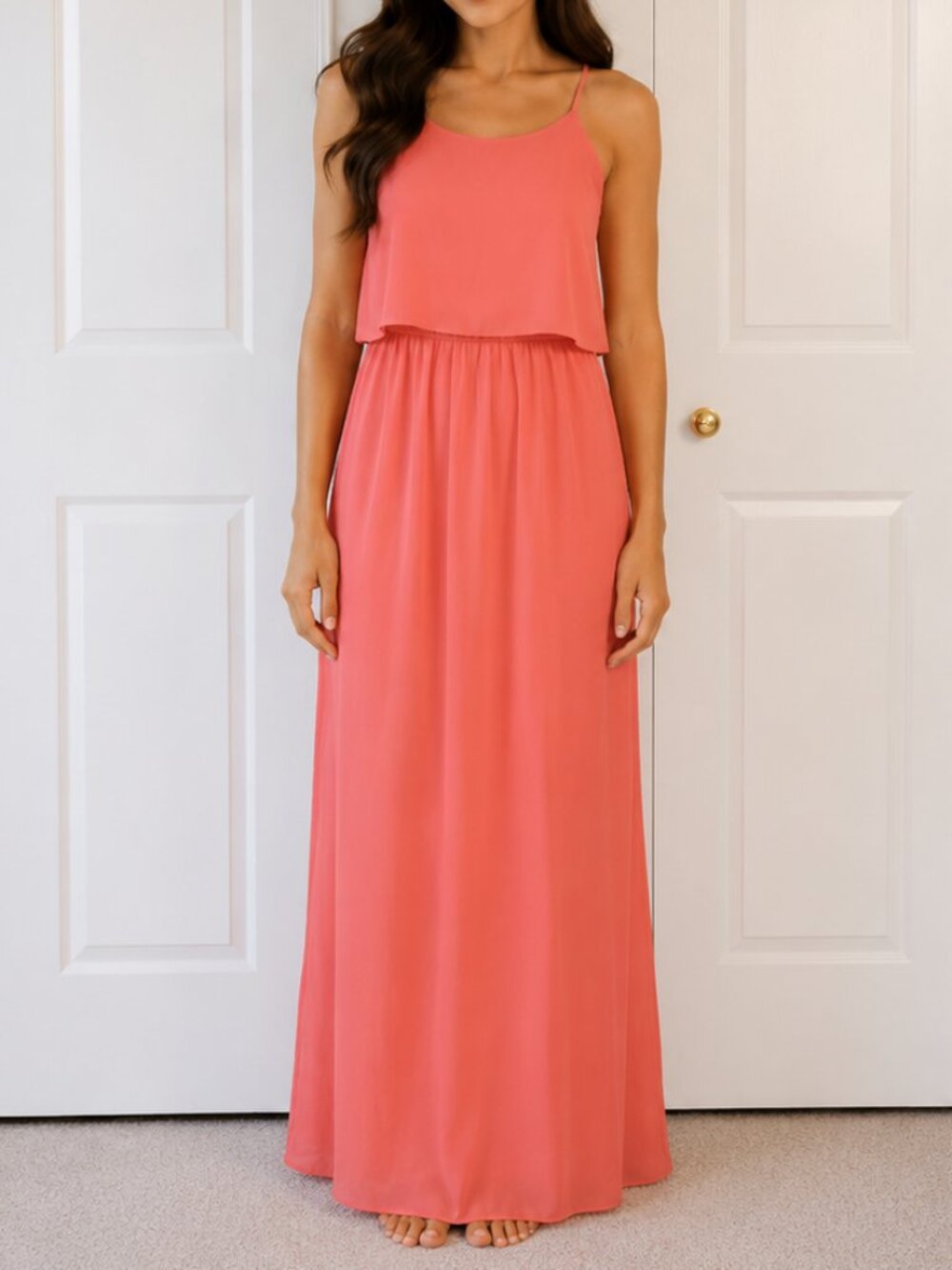 Everly Coral Pink Maxi Dress Open Back Cutout Flowy Boho Wedding Guest